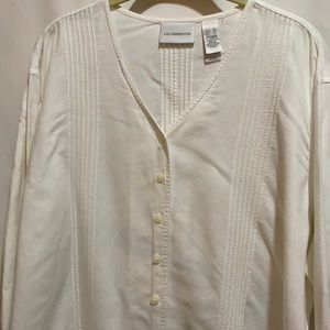 LIZ CLAIBORNE BLOUSE SZ XL WHITE LINEN/COTTON PEPLUM BACK/PIN TUCKS